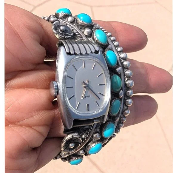 Navajo Sterling Silver & Turquoise Watch Bracelet E. Anderson Non Working 49.5g - Picture 11 of 12